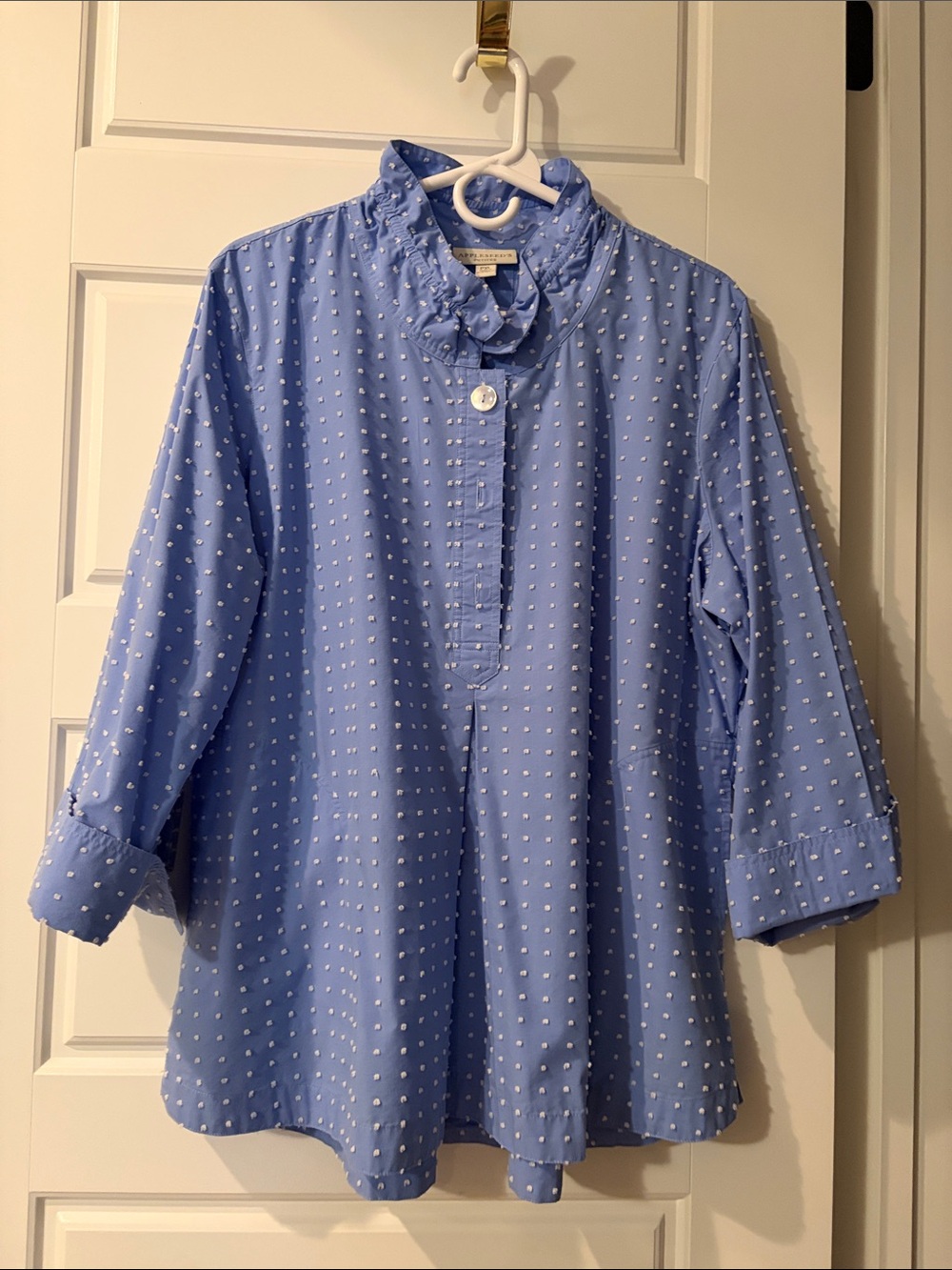 Appleseed's Blue Ruffle Collar Polka Dot Blouse